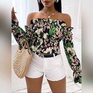 Shein Long Sleeve Floral Off-Shoulder Top